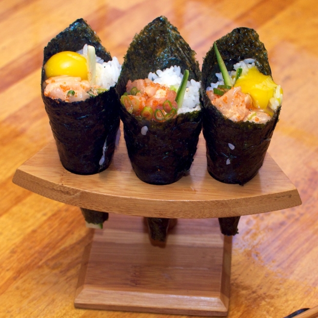 Spicy Scallop Tamaki Hand Rolls with Quail Egg (Special Order)
